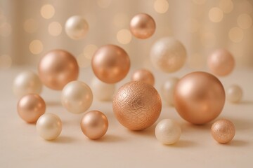 A collection of rose gold and cream spheres in soft focus with bokeh lights ball white