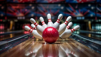 Dynamic action shot of a red bowling ball striking ten pins on a polished wooden lane in a colorful bowling alley