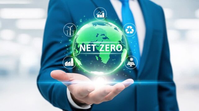 Net zero concept with a businessman holding a globe displaying green energy icons, symbolizing commitment to carbon neutrality and environmental sustainability