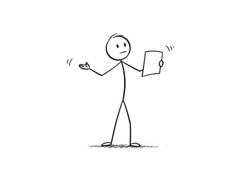 A stick figure with a confused expression holding a paper shrugging with one hand out