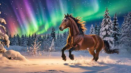 Naklejka premium Majestic brown horse galloping through a snowy forest under a vibrant colorful aurora borealis sky