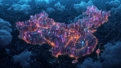 Floating neon lit futuristic city forming China map in nighttime aerial view, with glowing towers