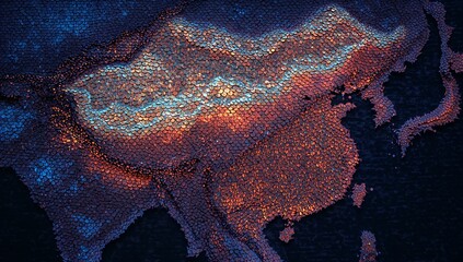 Stylized map of Asia displaying hexagonal tiles in digital map grid, with color gradient overlay
