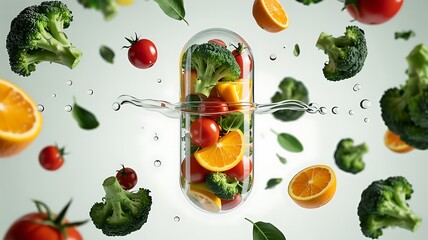 Transparent capsule filled with fresh colorful fruits and vegetables suspended in water surrounded by floating produce