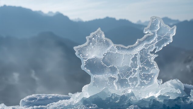 Translucent ice sculpture map of China resting in glacier field, with etched borders - Powered by Adobe