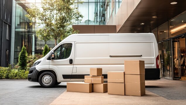 White delivery van parked outside modern building with cardboard boxes
