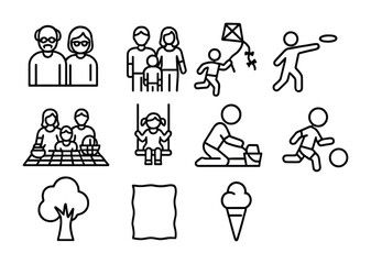 Family Outdoor Icon Set. Outline icon set of outdoor family activities: grandparents, parents, children, kite,