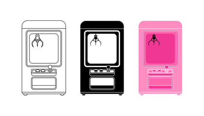 Toy claw machine icon in line editable stroke style, silhouette, colorful. Gift shop doll vending machine template