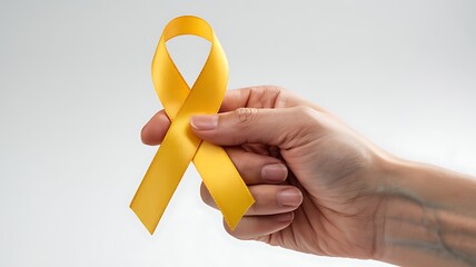 Close up of a human hand holding a bright yellow awareness ribbon against a clean white background symbolizing hope and support