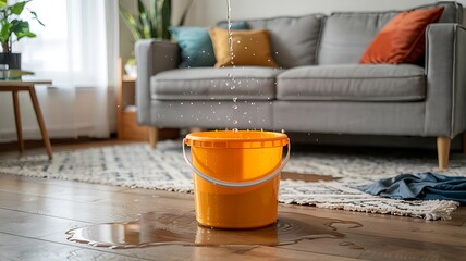 Water leaking from ceiling onto floor into orange bucket with spilled water and wet cloth near sofa