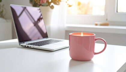 Bright, sunny desktop scene laptop, pink mug candle burning, and flowers by a window. The surface is white, simple, and inviting