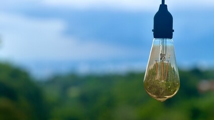 A close-up view of a vintage-style light bulb hanging outdoors with a natural background. Focus on the bulb itself, background of lush green trees and a cloudy blue sky remains beautifully blurred.