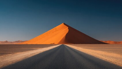 A vast, orange sand dune dominates a flat desert landscape, with a road stretching towards it under a clear, vibrant sky