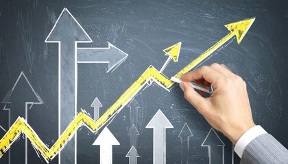 Hand drawing a yellow upward trending arrow on a chalkboard with faded grey arrows pointing up. Concept art