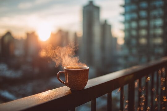 A steaming cup of coffee on a balcony railing, overlooking the city skyline at sunset, warm golden light, cinematic atmosphere