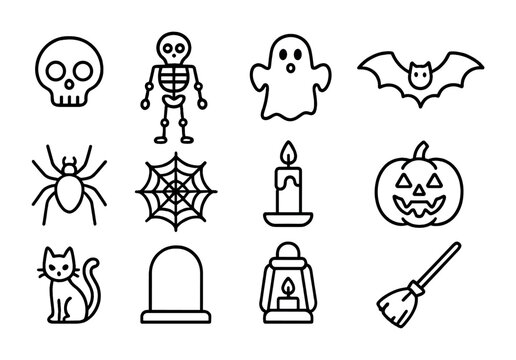 Haunted Halloween Icons. Outline icon set of Haunted Halloween objects: skull, skeleton, ghost, bat, spider,