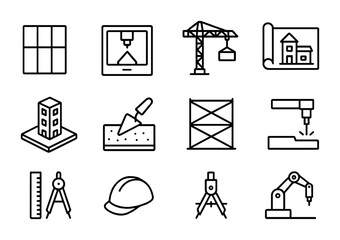 Facade Design Icons. Outline icon set of Innovative facade design: facade panel, 3D printer, crane, blueprint,