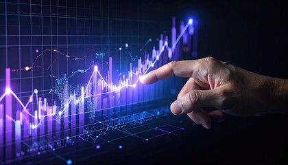 Hand hovers over a glowing, purple graph with rising lines and bars on a dark background, suggesting financial or data analysis