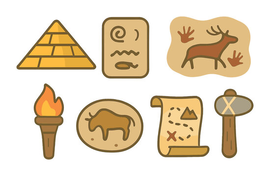Ancient Civ Icons Grid. Flat vector mini-illustrations visiting ancient civilizations in colors children's