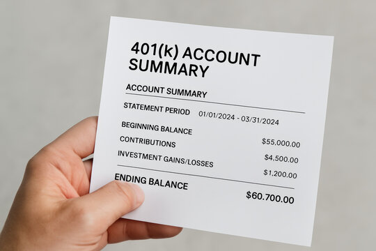 401k account summary plan document shows financial statement period balance and investment gains in hand