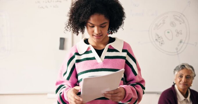 Nervous, presentation and teenager or girl in classroom for performance anxiety, fear and pressure. Learning, mental health and academic fail with students in high school for stress and mistake