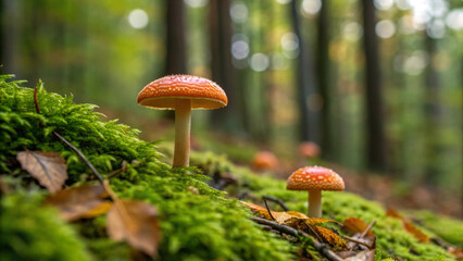 Fototapeta premium Fairytale Forest with Red Mushrooms