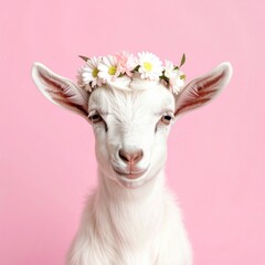 Obraz premium A portrait of a white kid wearing a daisy crown, set against a soft pink background, showcasing its gentle features and delicate floral adornment