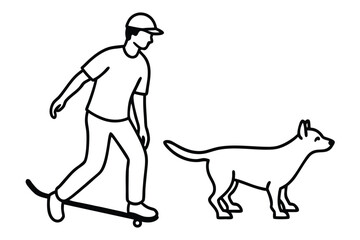 Line art Man skateboarding with dog. vector, white background
