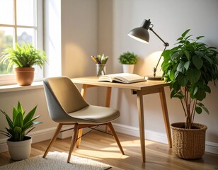 Fototapeta premium Aesthetic ultra realistic study corner with small desk, chair, open book, lamp