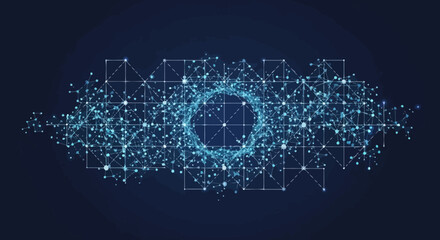 Futuristic artificial intelligence and big data visualization concept with a glowing digital network of interconnected nodes on a dark background