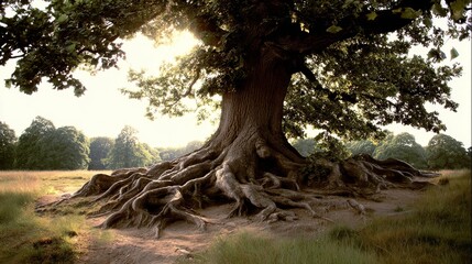 Obraz premium Ancient oak tree in meadow with sprawling roots and sunlight filtering through green leaves, high-resolution natural landscape photography