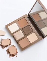 Cosmetic palette featuring neutral-toned eyeshadows and bronzers, with a few shattered fragments, set on a clean white background