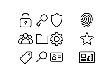 User Permissions Icons. Outline icon set of user permissions: lock, key, shield, fingerprint, people group,