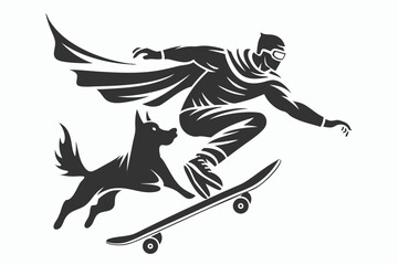 Skater with Cape on Skateboard and Loyal Dog Companion on White Background