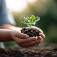 Closeup of a childs hands holding a seedling with soil. Symbolizes growth, nature, hope, new beginnings, and environmental awareness. Ideal for sustainability campaigns.