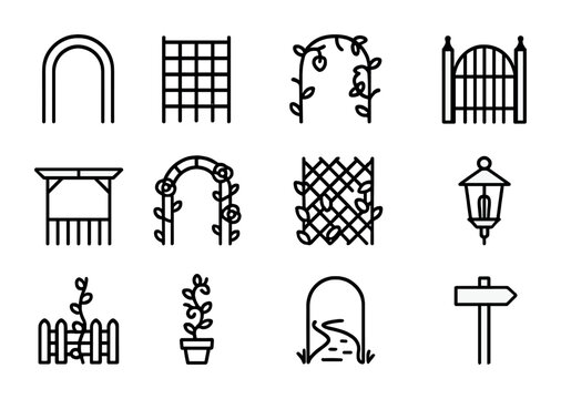 Garden Arches Icons. Outline icon set of garden arches and trellises: archway, trellis, vine, gate, pergola,