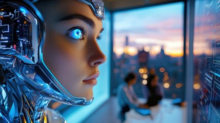 Young woman interacting with robot in modern office at evening