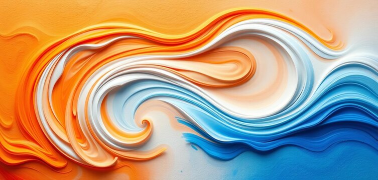 Abstract swirling orange, white, and blue waves on a textured background, design, generative