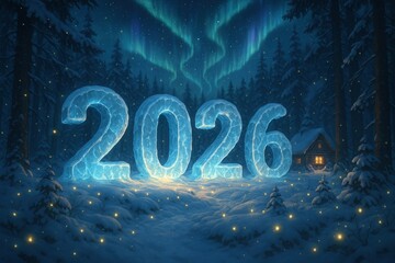 Glowing 2026 ice numbers in snowy forest clearing beneath aurora borealis and starry sky, cozy log cabin with warm windows and tiny fireflies around, festive new year celebration atmosphere