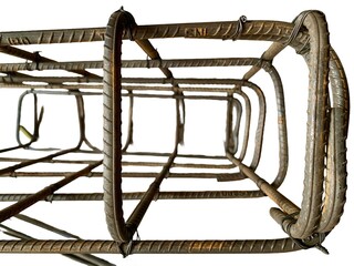 Close-up of rusty rebar rods tied with black steel wire, isolated on white. Sharp detail,...