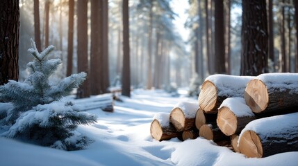Snow-covered logs rest in a tranquil forest surrounded by tall pine trees during a winter day