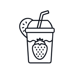 Strawberry smoothie with a slice of kiwi and a straw, outline art, strawberry milkshake icon vector illustration