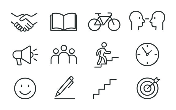 Daily Bravery Icons. Outline icon set of bravery in daily life: handshake, book, bicycle, eye contact,