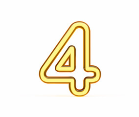 Golden outlined 3D number 4 four on a white background, counting concept. 3D illustration