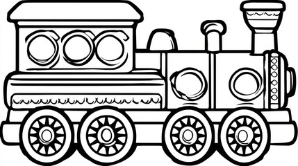 Cartoon train engine with round windows and bold outlines, simple shape drawing on white background for children coloring book illustration