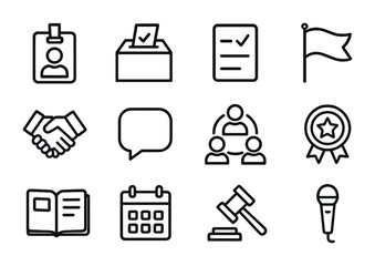 Student Council Icons. Outline icon set of student council leadership: student badge, voting box, ballot paper
