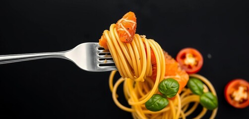 A fork entwined with spaghetti, succulent salmon, vibrant tomato, and fresh basil, all artfully arranged on a stark black background,  close-up,  restaurant