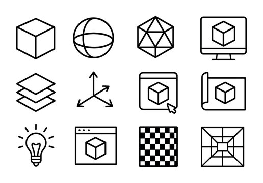 3D Modeling Icon Set. Outline icon set of 3D modeling: cube, sphere, polygon mesh, render, layers, axis arrows