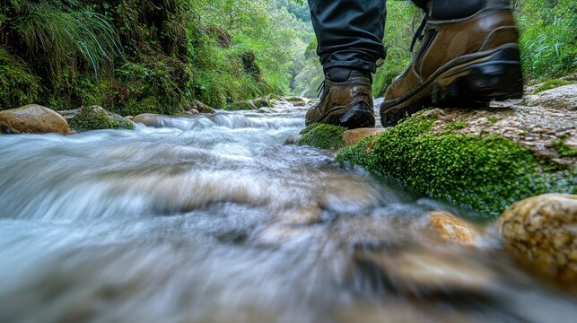 Hiker in durable boots stands amidst blurred flowing water in forest