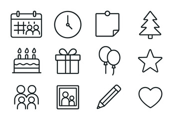 Family Calendar Icons. Outline icon set of personalized family calendars: wall calendar, clock, sticky note,